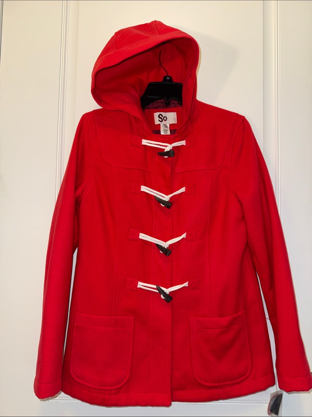 SO Bright Red Hooded Toggle Pea Coat NWT Size large